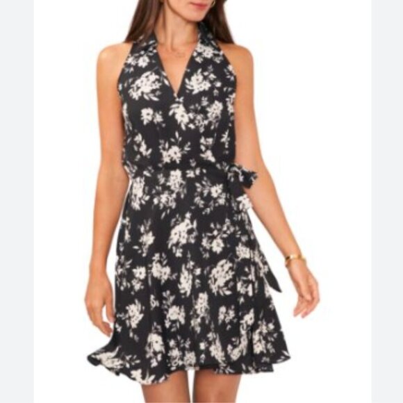 NEW Vince Camuto Mini Wrap Dress Womens XL Floral-Print Collared Rich Black - Picture 1 of 10
